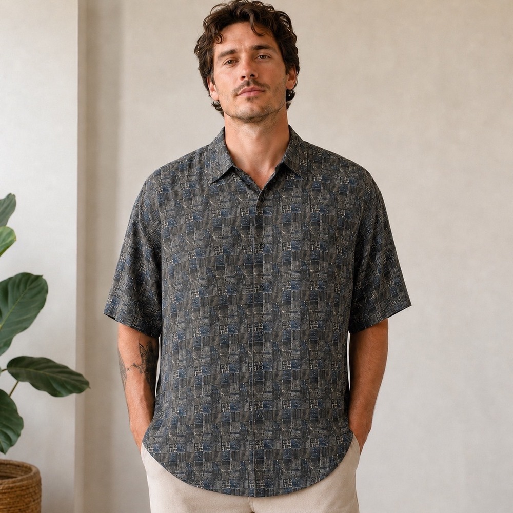 Vintage Honors Button Up Shirt Mens Large Rayon Short Sleeve Gray Geometric
